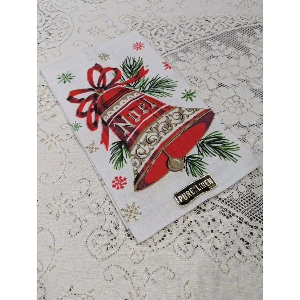 Vintage Pure Linen Christmas Tea Towel Red Bells Holiday Kitchen Decor